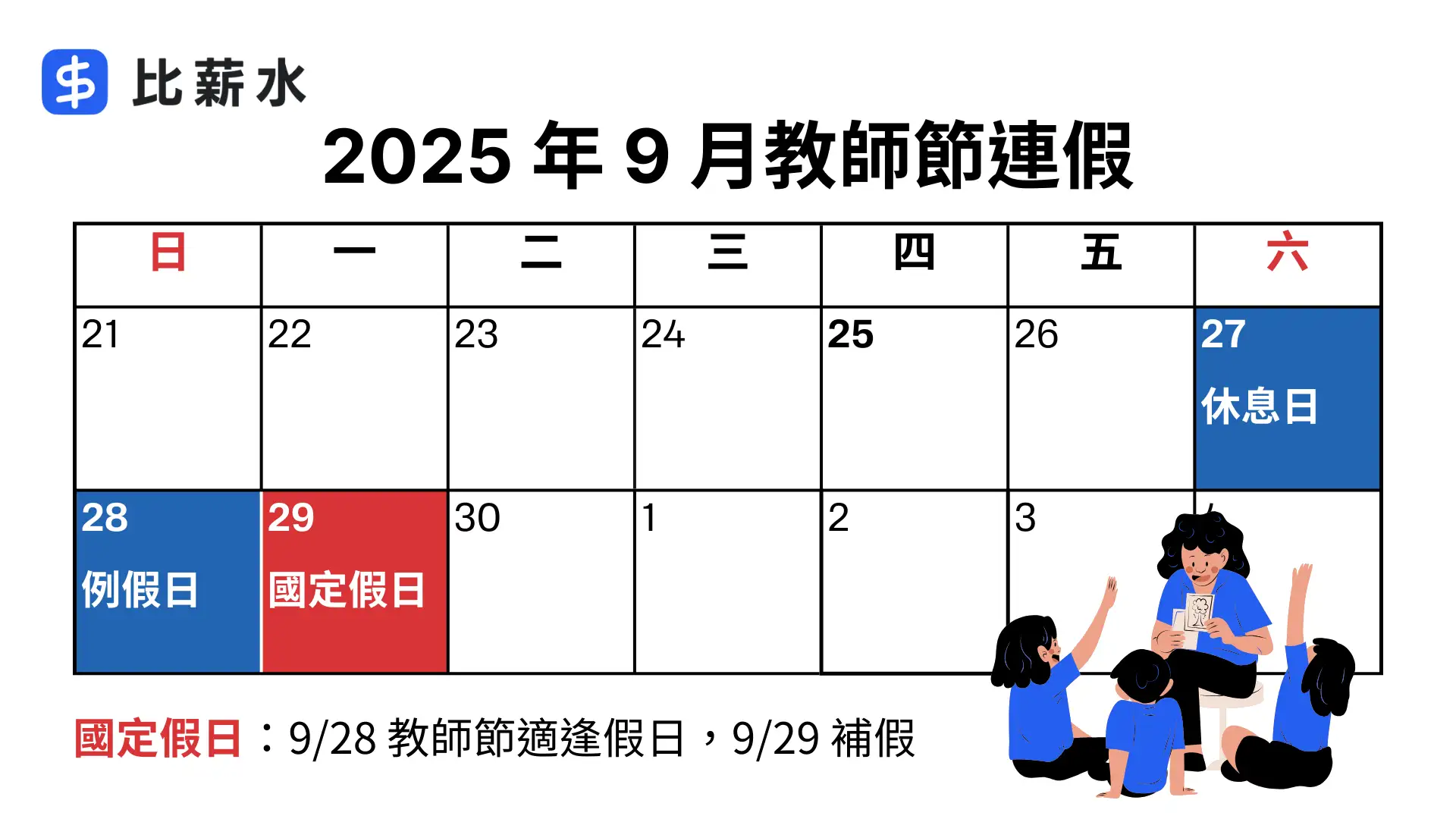 2025-教師節放假-連假－日期-國定假日-台灣-補假